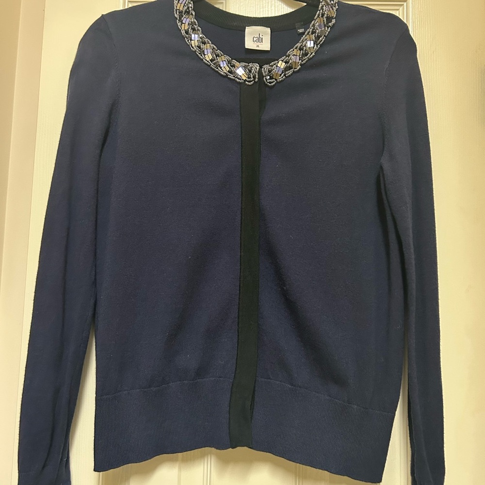 CAbi Dark Blue Cardigan with Beaded Collar